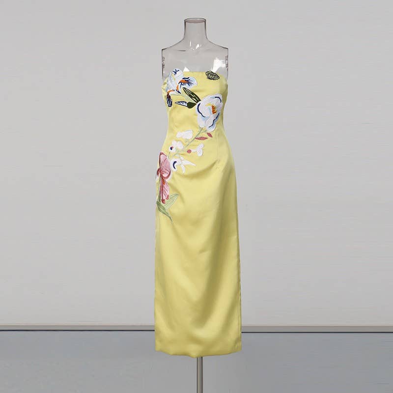 Vintage 3D Floral Embroidery Strapless Midi Dress