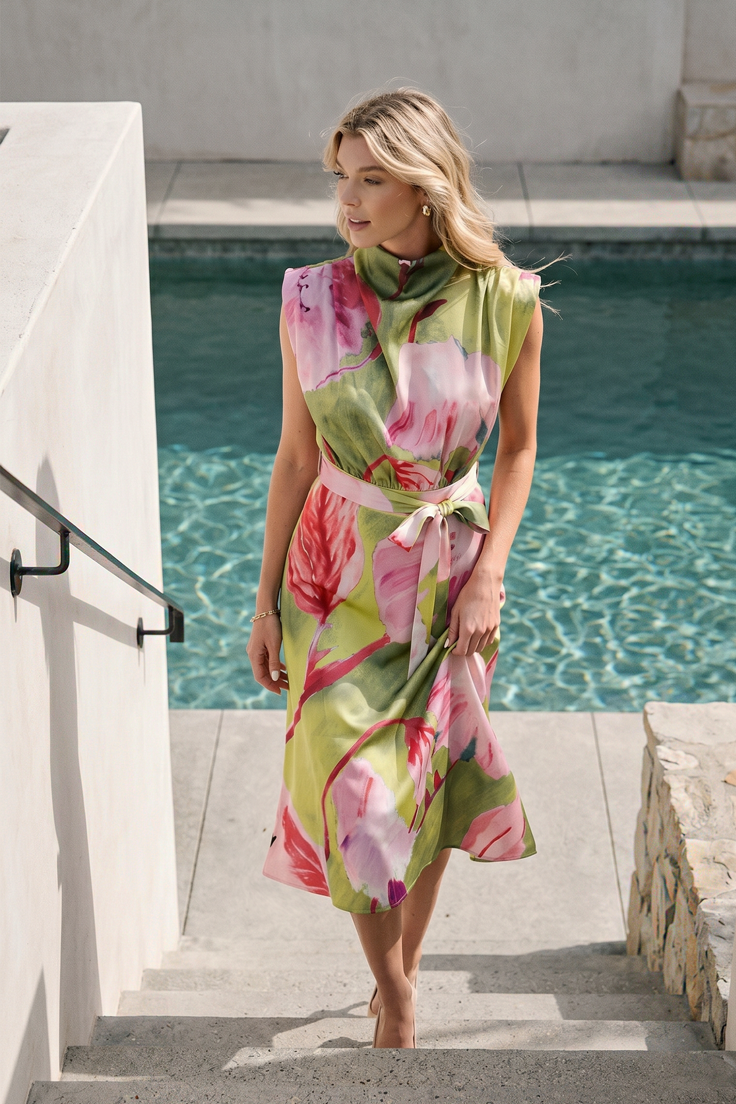 Floral Dress Cowl Neck Sleeveless Waist Tie Midi Satin