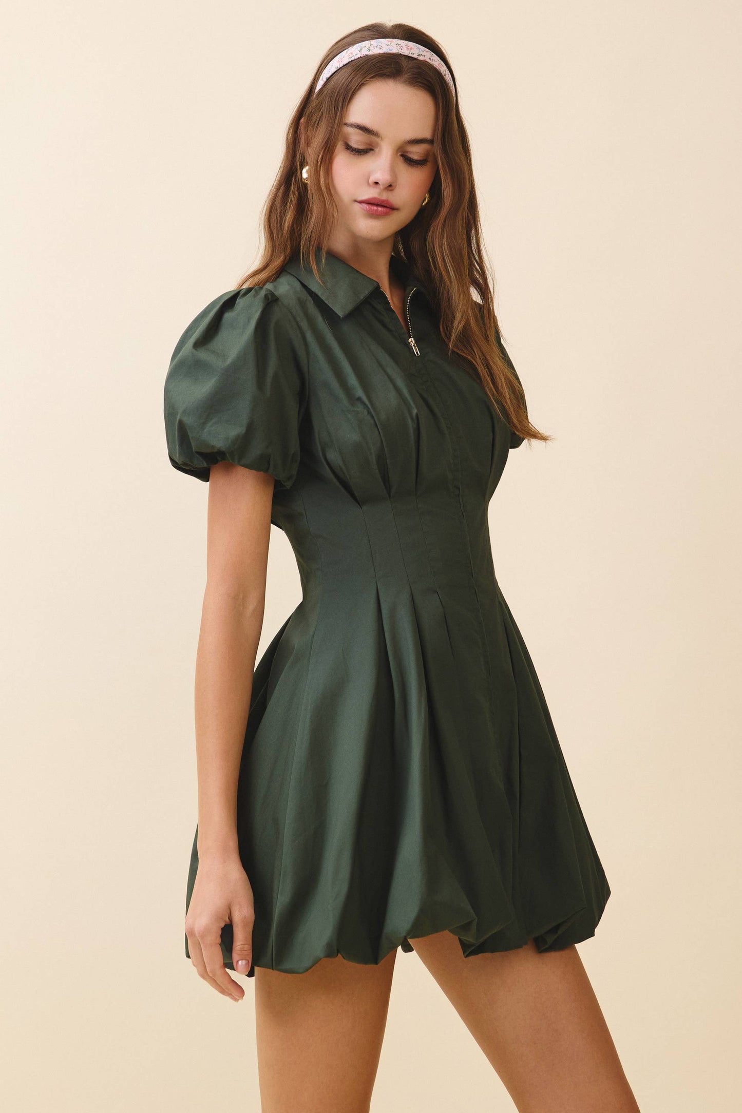 CD05305-Fit and Flare Zipper Front Bubble Sleeves Dress