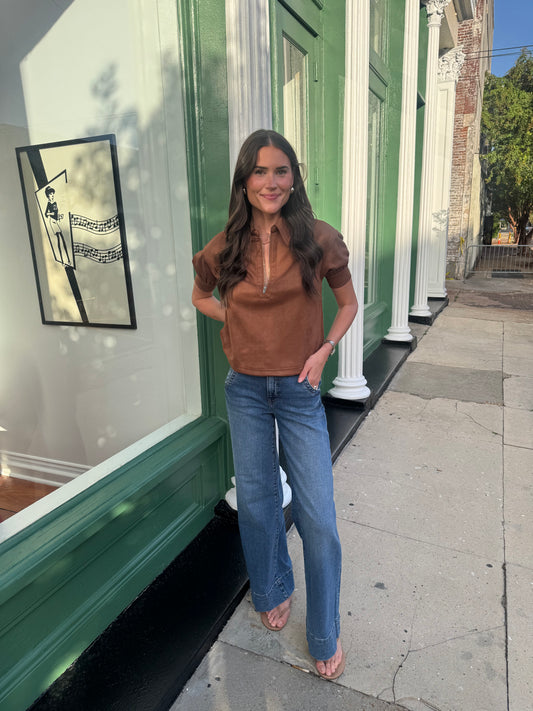 Elvie Brown Short Puff Sleeve
