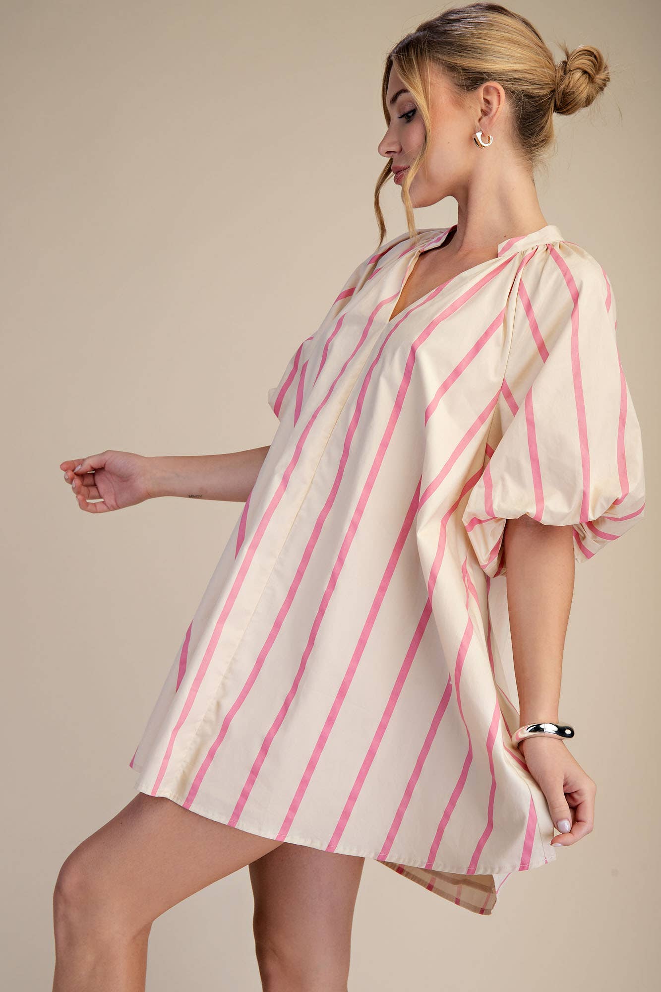 Puff-Sleeve Stripe Mini Shift Dress