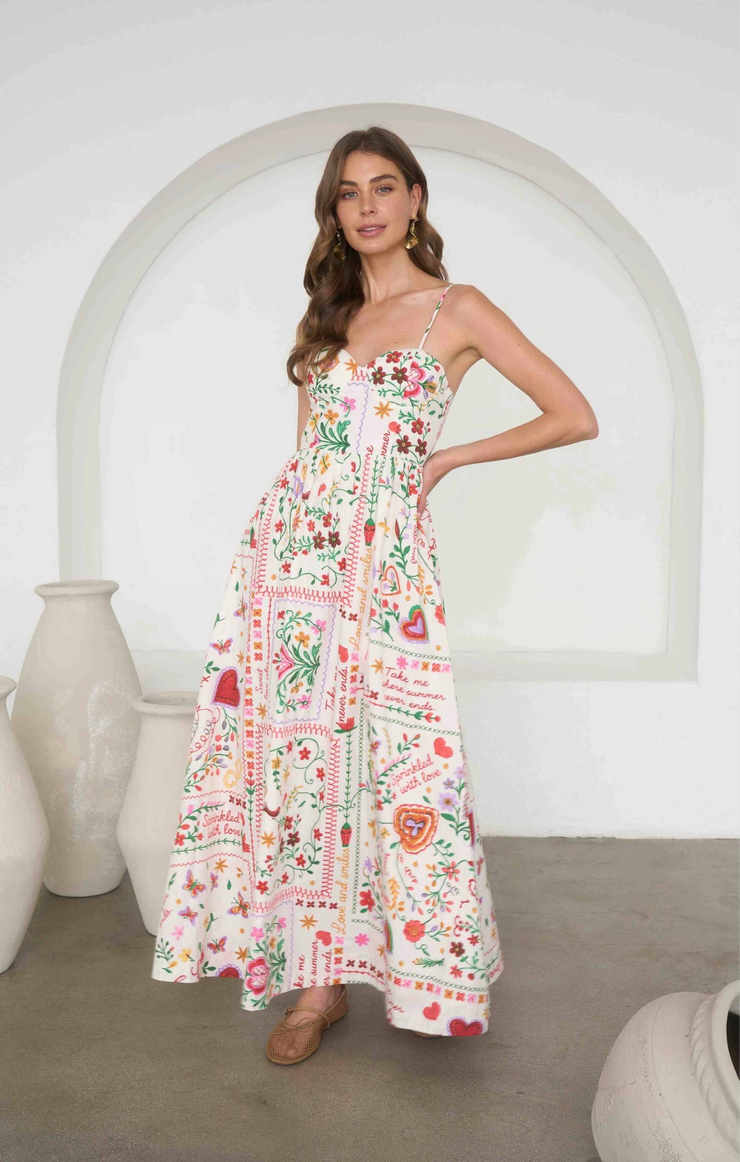 MULTI-COLOR SUMMER PRINT SPAGHETTI MIDI DRESS