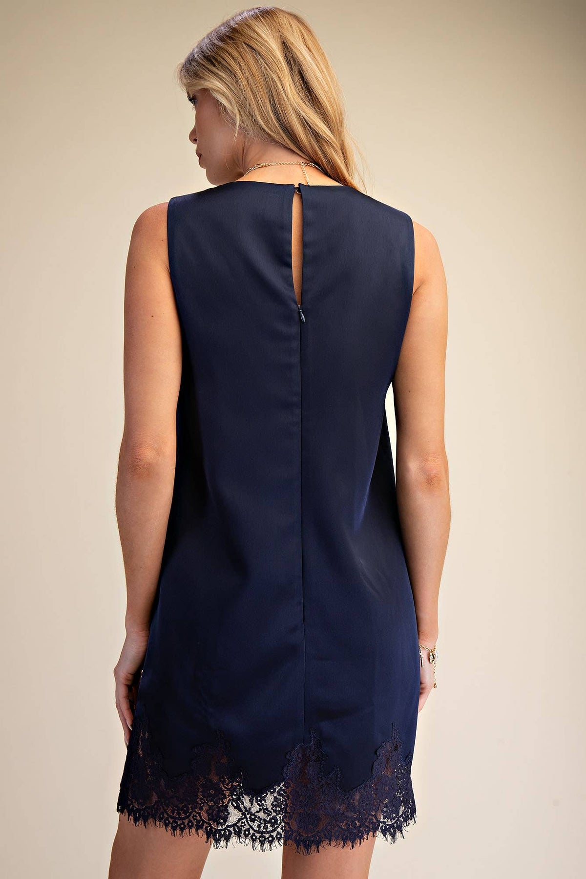 Round Neck Sleeveless Lace Detail Satin Shift Dress