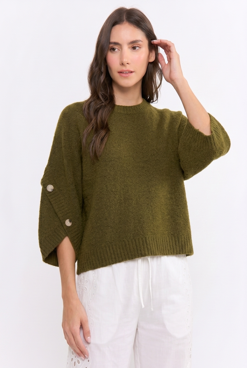 BUTTON SLEEVE KNIT PULLOVER