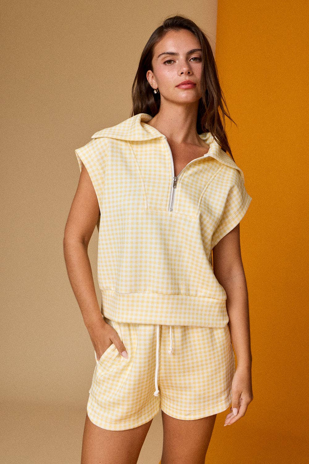PX17846-3 - Gingham Zip Up Top Short Set