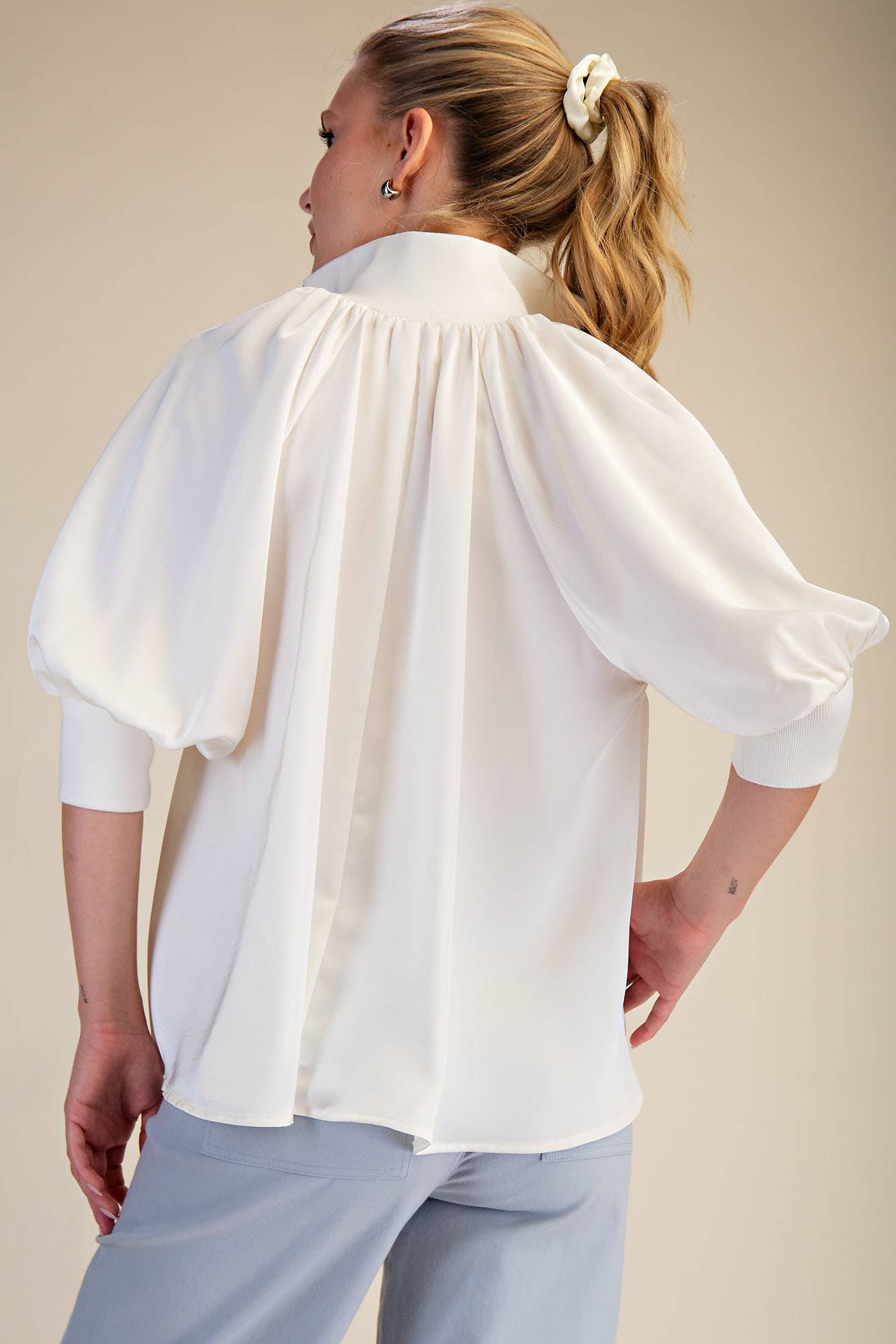 Mock Neck Band Puff Sleeve Elegance Blouse