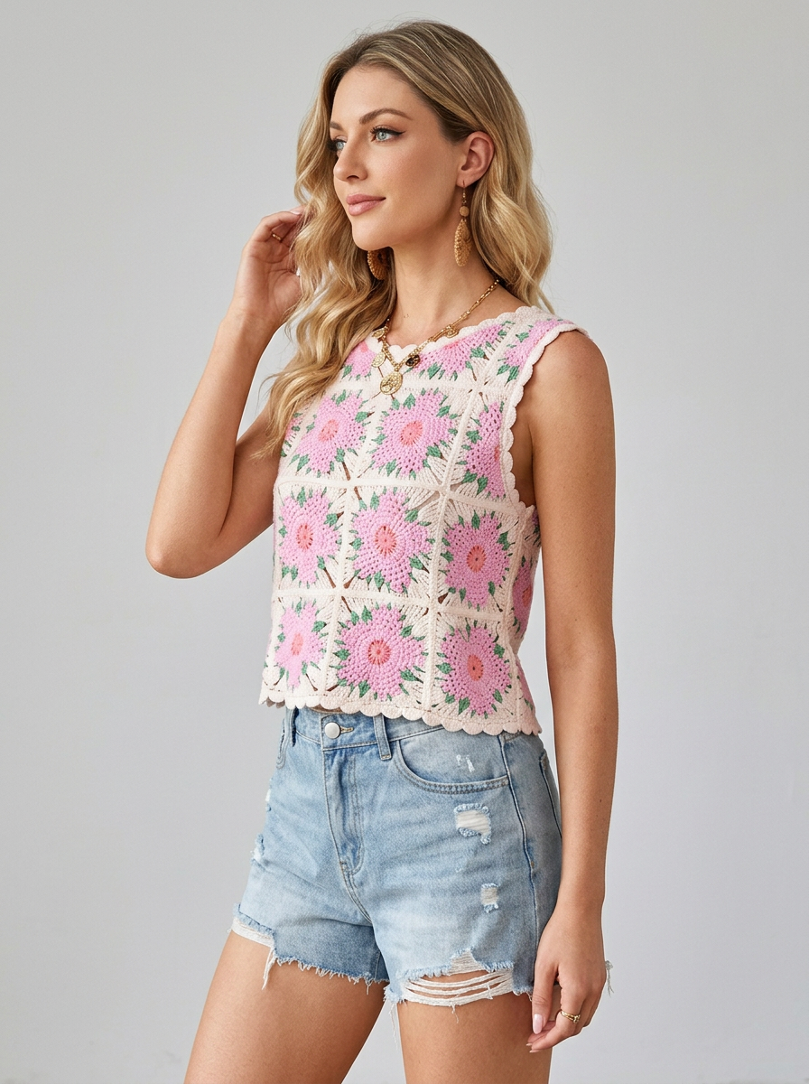 Floral Crochet Knit Sleeveless Tank