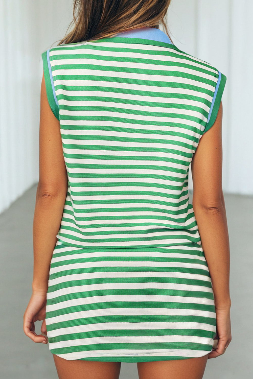 LAS Stripe Print Contrast Trim Zip 2pcs Skirt Set (S-XL)
