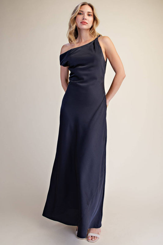 One Shoulder Satin Maxi Cocktail Dress