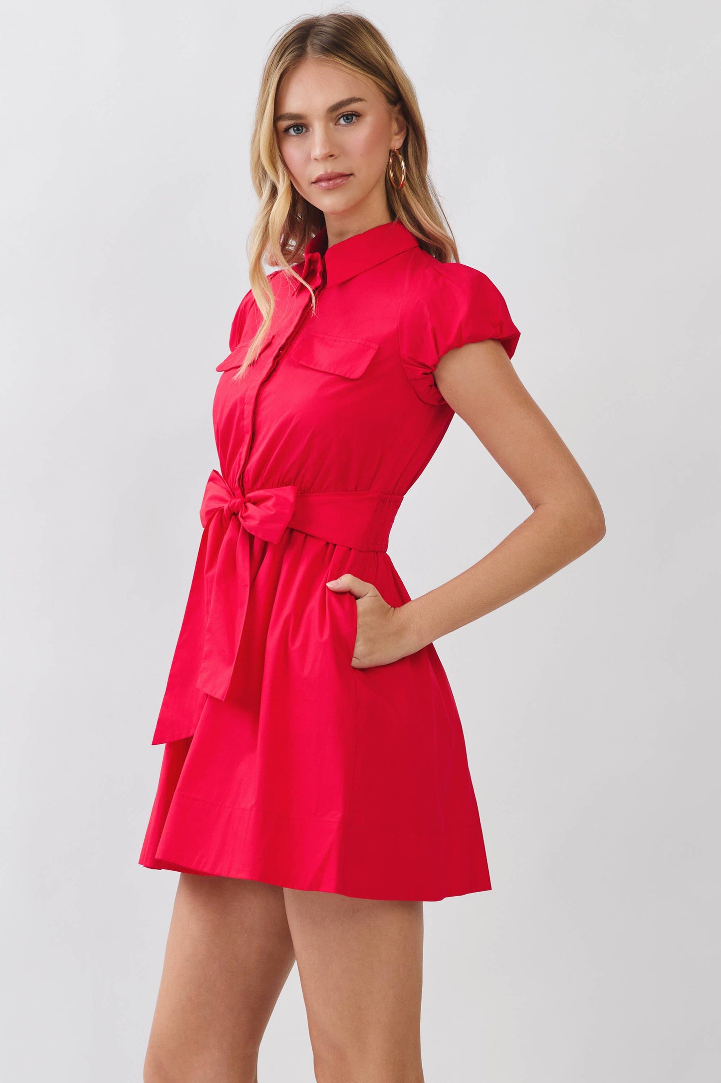 Puff Sleeve Shirt Mini Dress with Attached Tie Belt