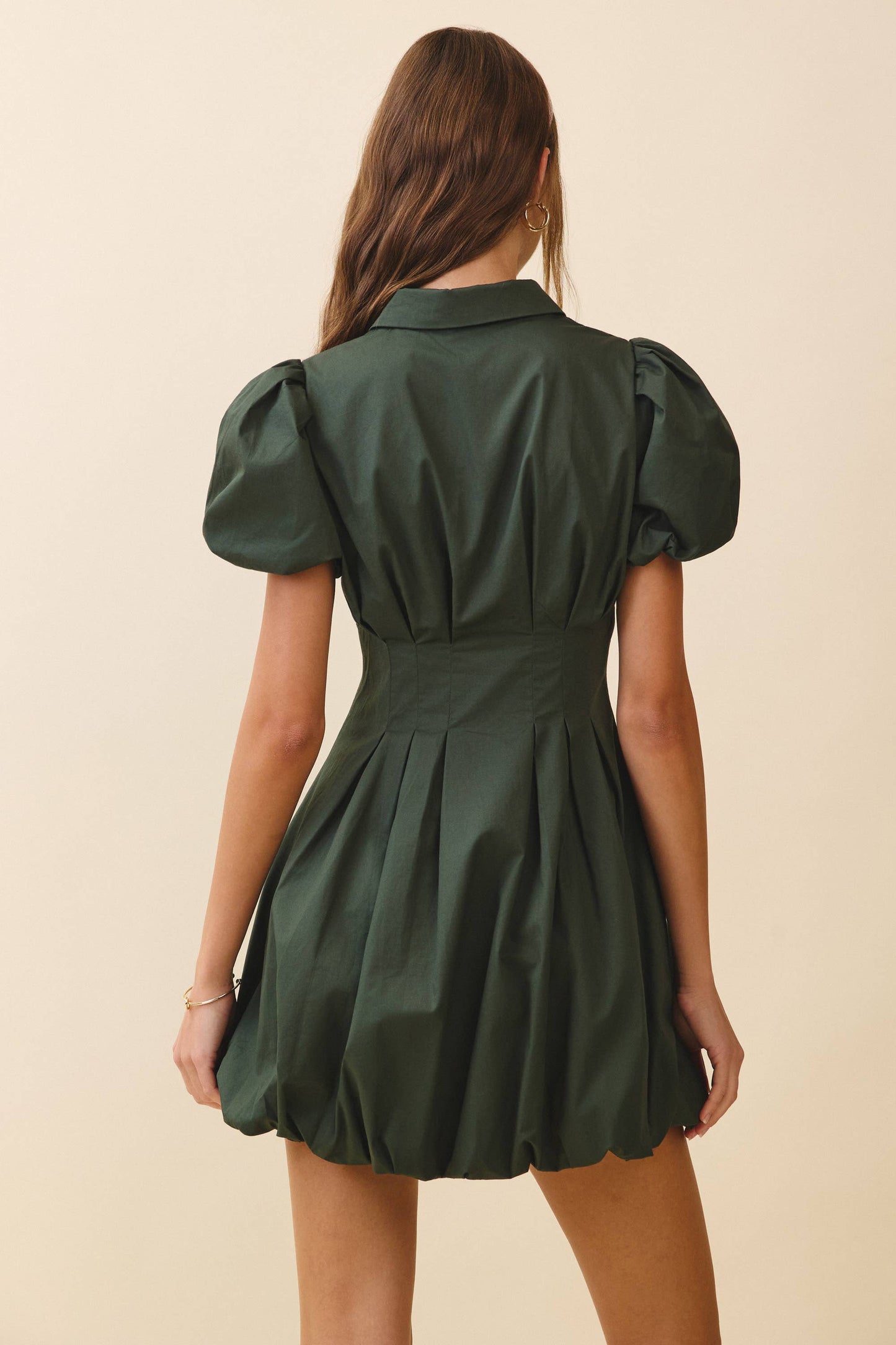 CD05305-Fit and Flare Zipper Front Bubble Sleeves Dress