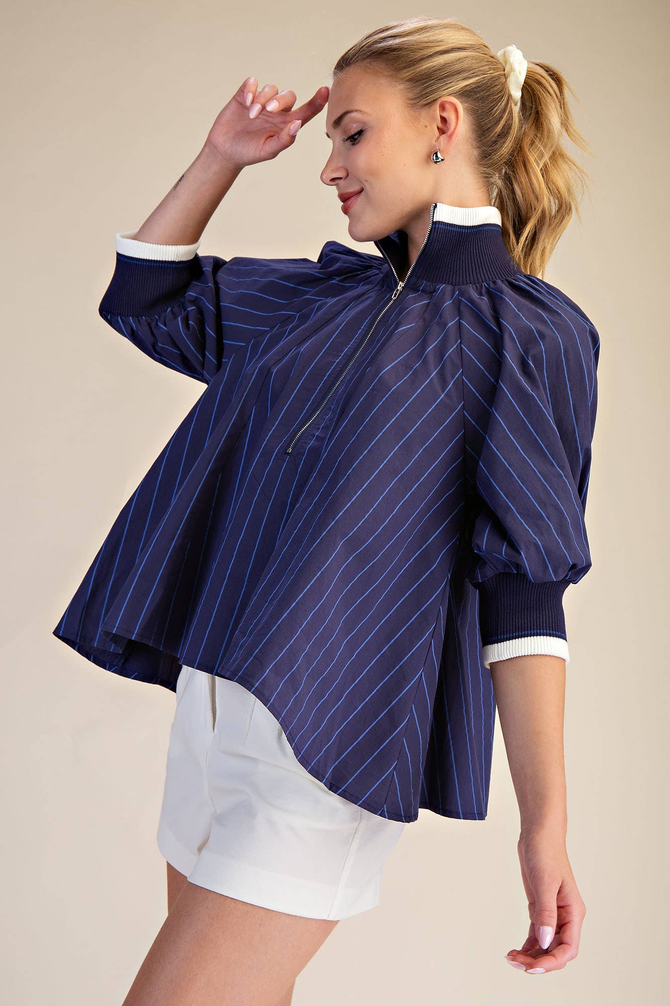 Mock Neck Band Puff Sleeve Blouse