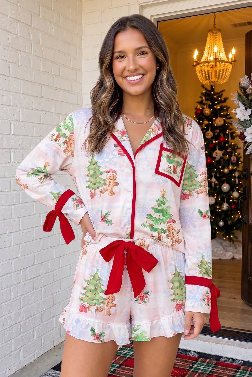 LAS Christmas Tree Gingerbread Ruffle Trim Lounge Set (S-XL)