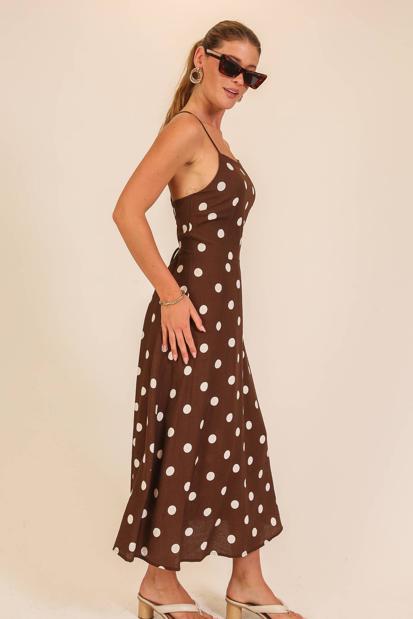 Polka Dot Lace-Up Back Midi Dress