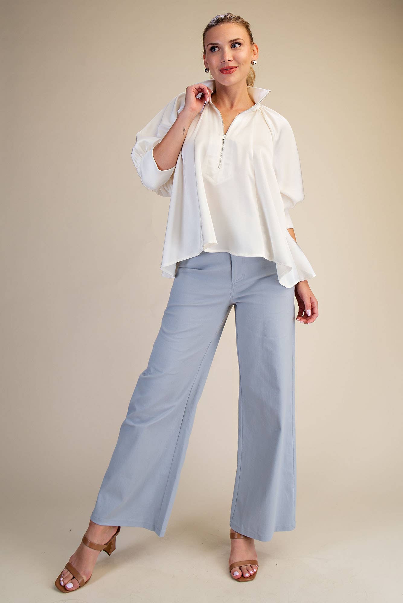Mock Neck Band Puff Sleeve Elegance Blouse