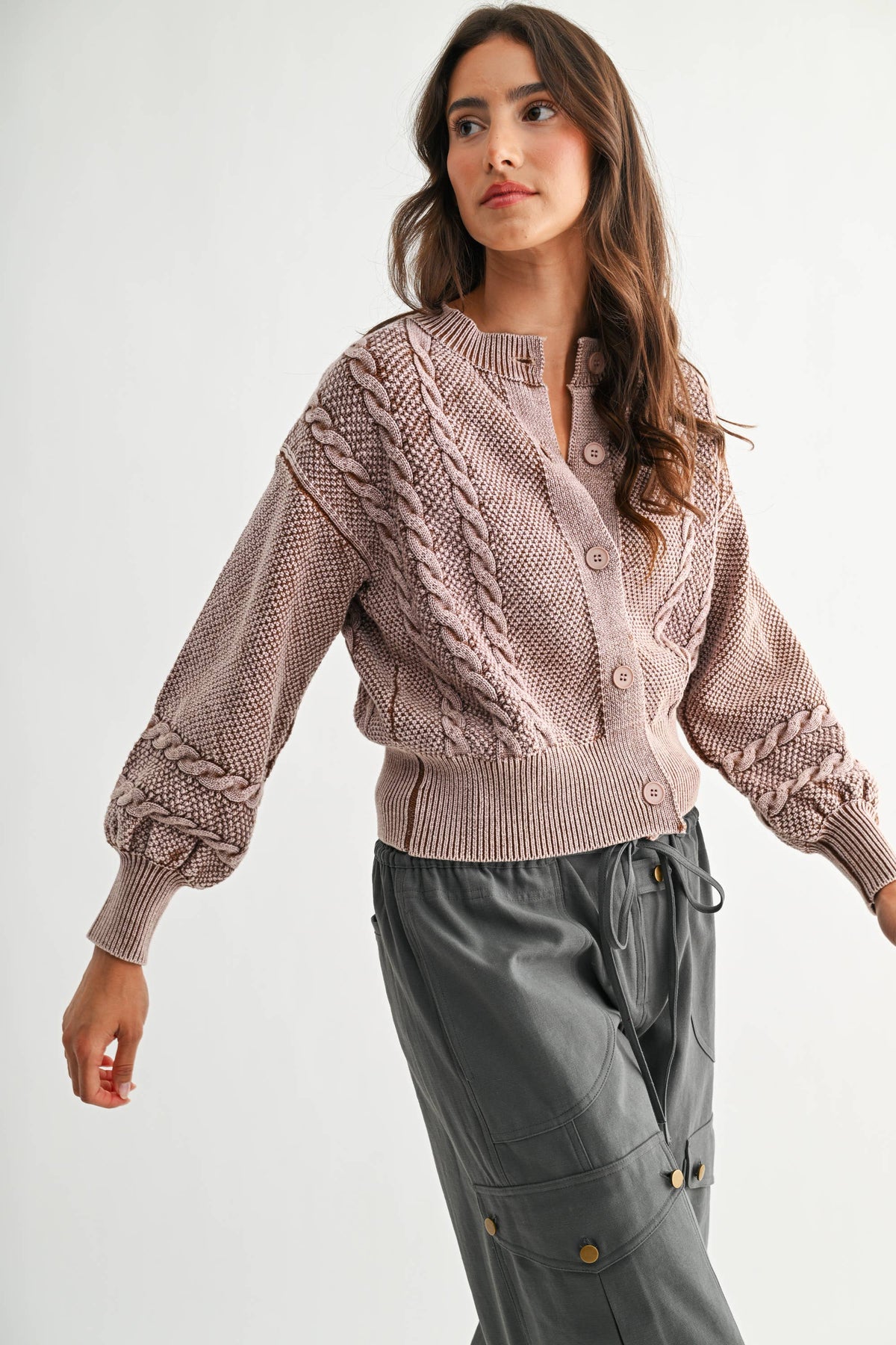 CW10019E WASHED BLENDED BROWN CABLE KNIT CARDIGAN