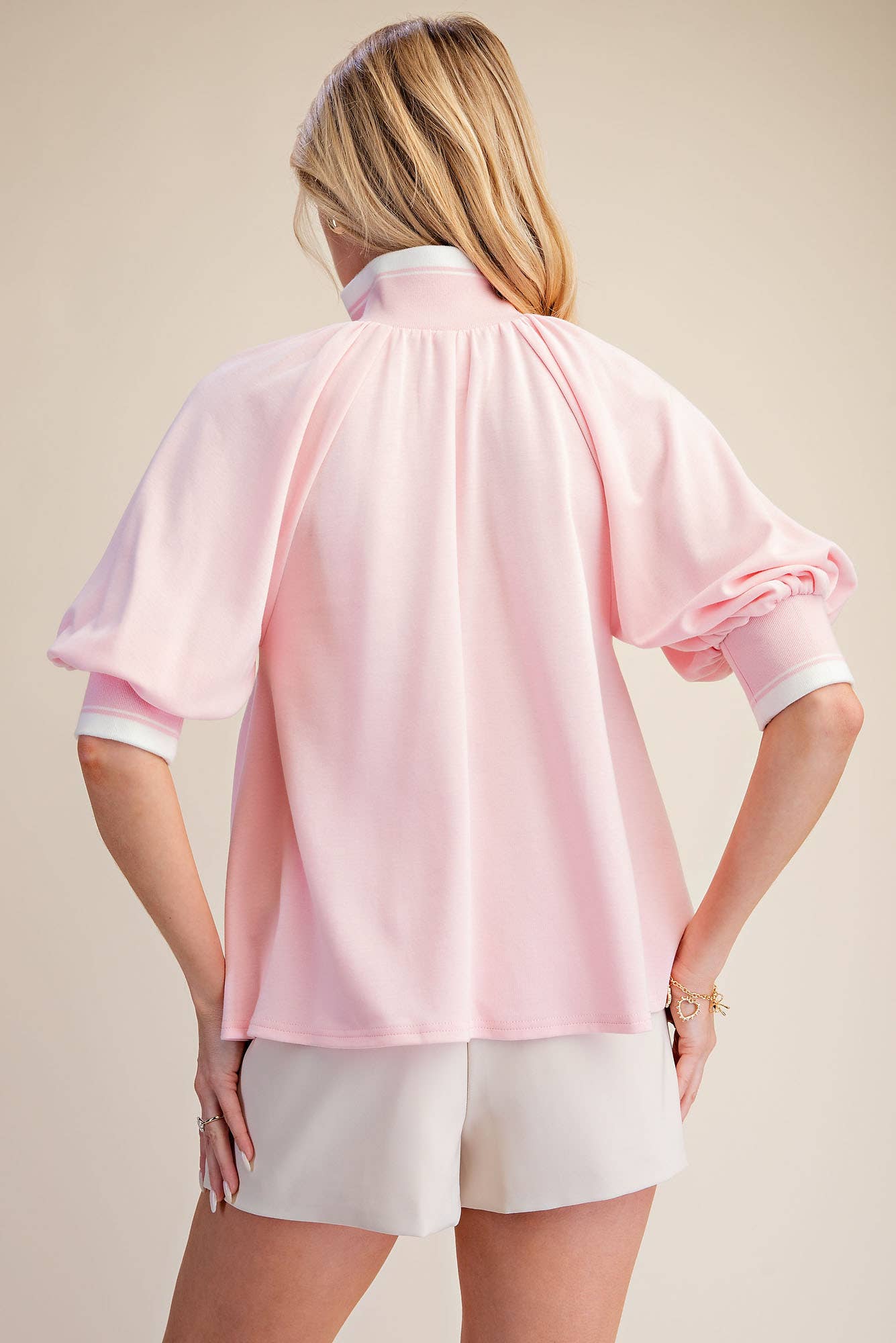 Mock Neck Half Zip Band Puff Sleeve Sweatshirt