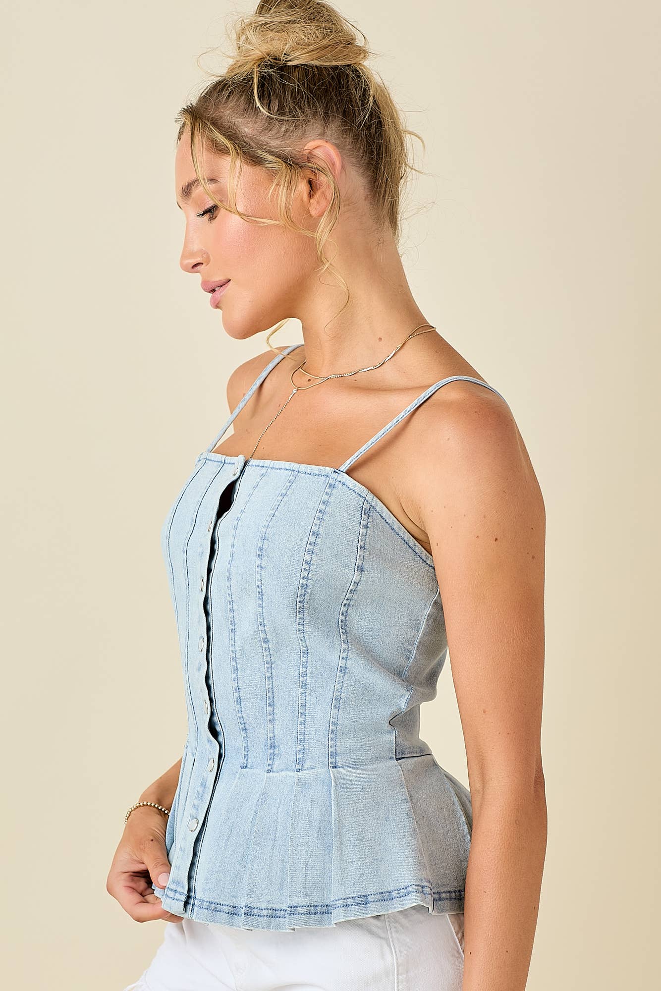 Pleated peplum style denim camisole top