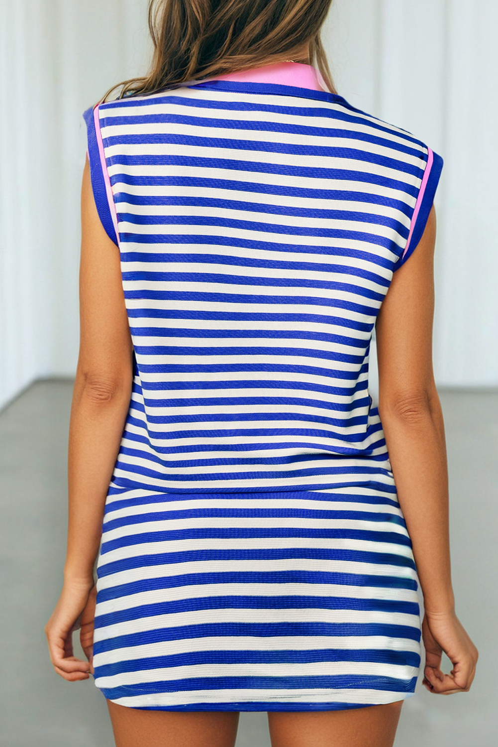 LAS Stripe Print Contrast Trim Zip 2pcs Skirt Set (S-XL)