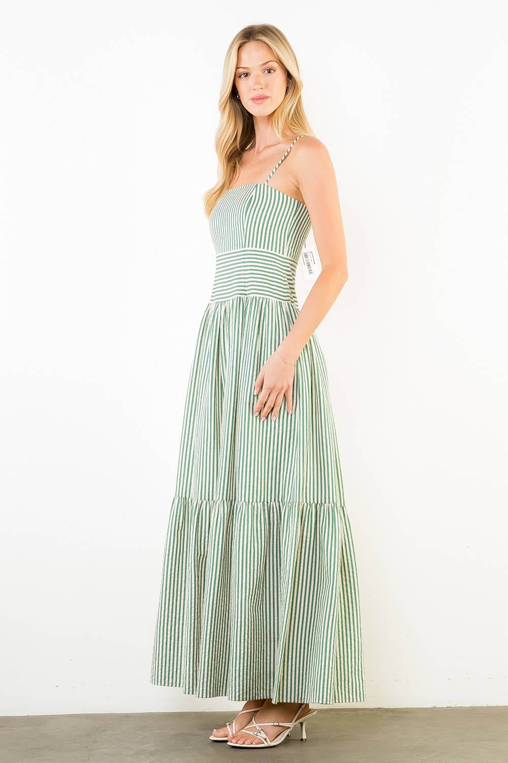 Thin Strap Striped Textured Tiered Dress