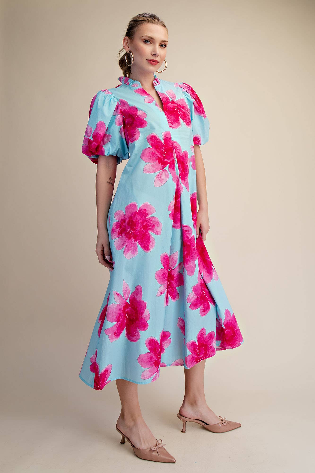 Ruffle V-Neck Puff Sleeve Waist Pleated Midi Dress