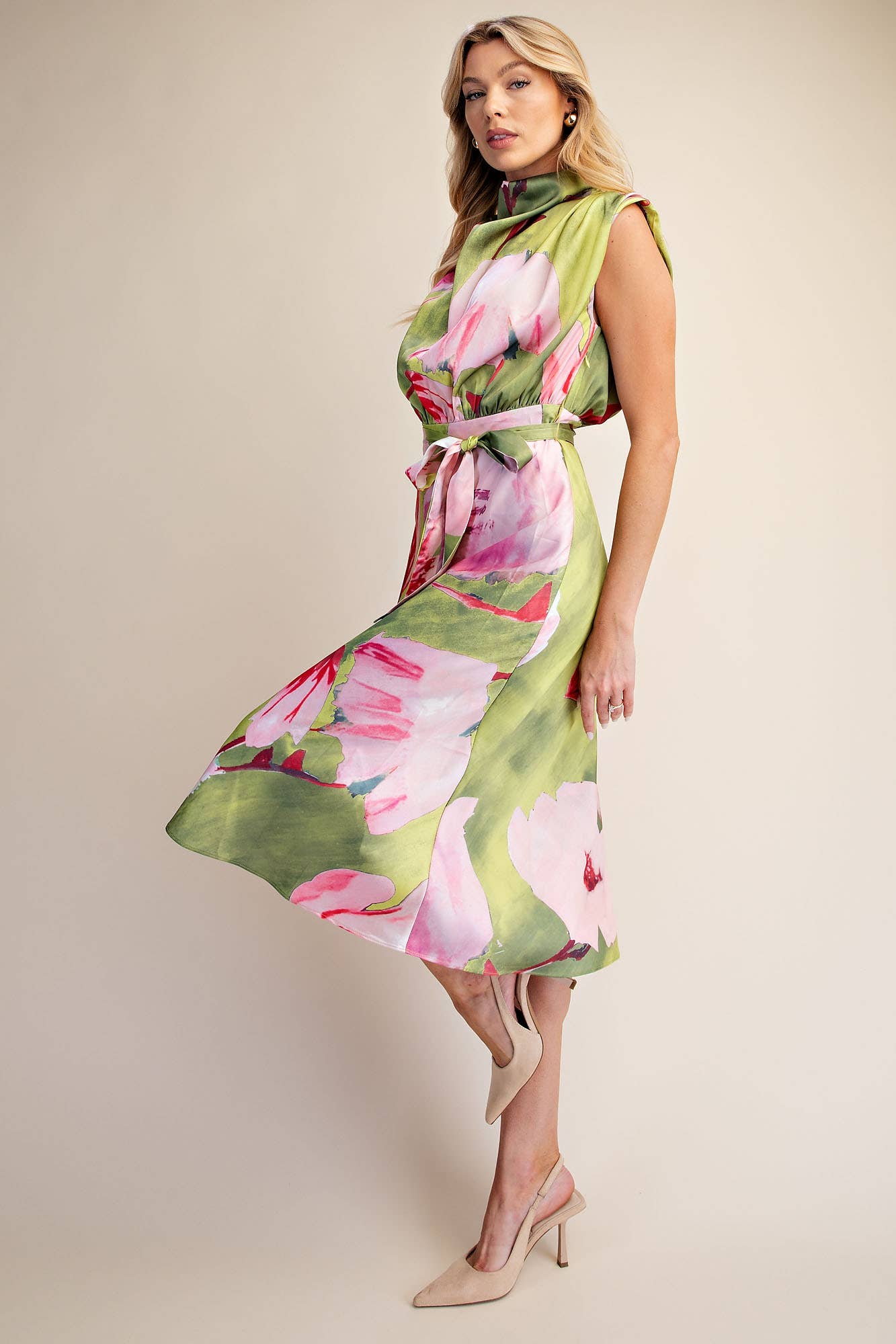 Floral Dress Cowl Neck Sleeveless Waist Tie Midi Satin
