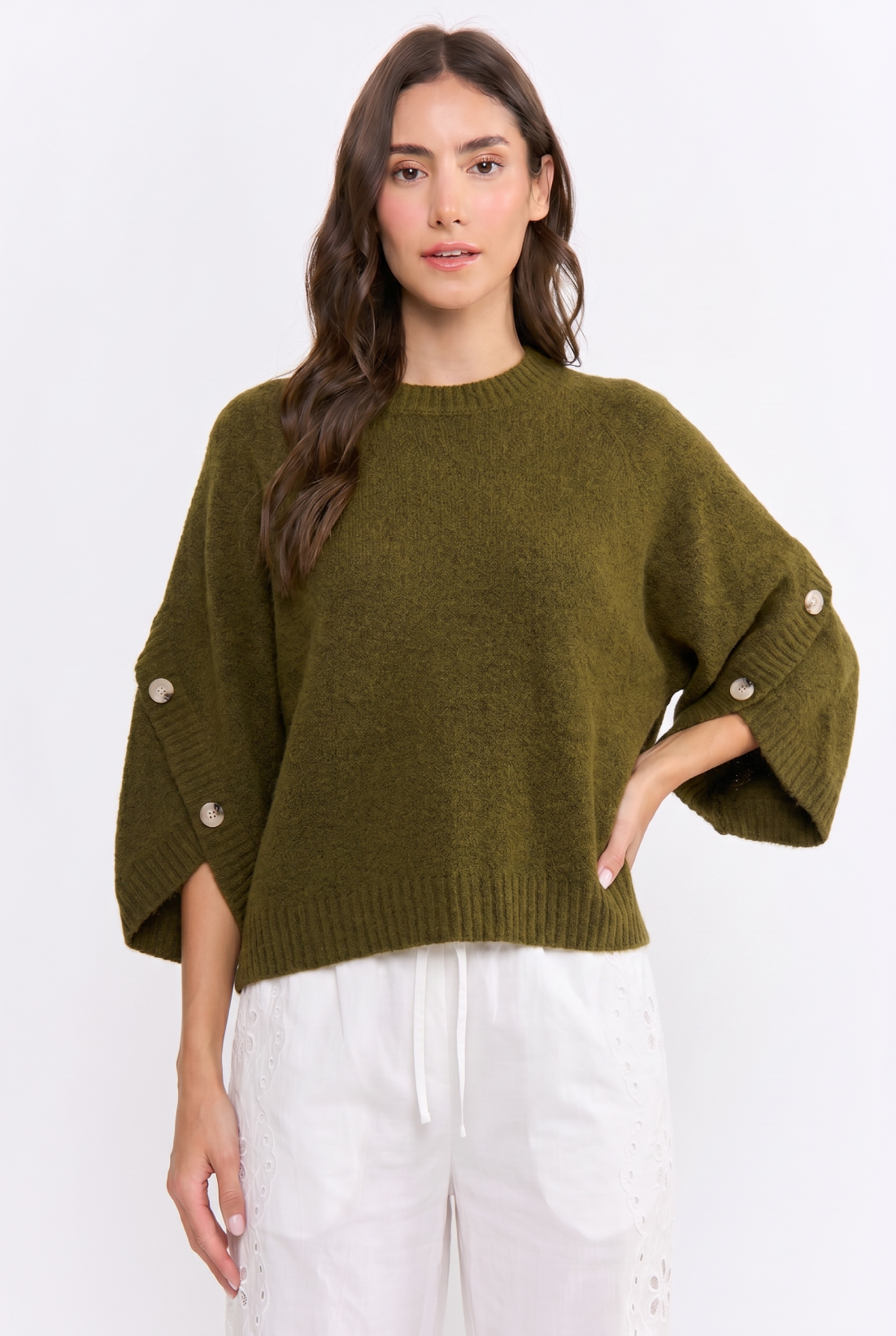 BUTTON SLEEVE KNIT PULLOVER