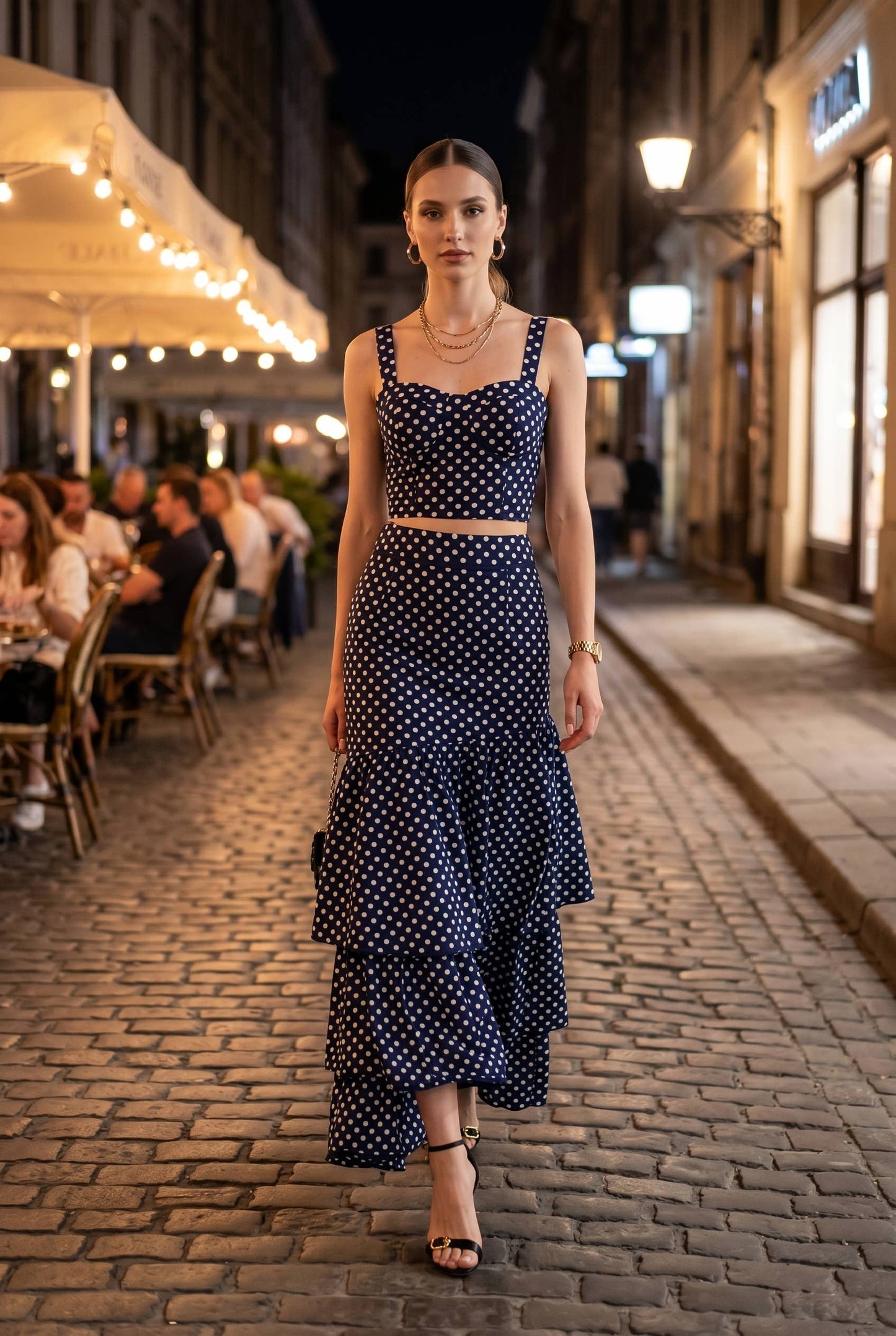 Dot Printed Crop Top & Tiered Maxi Skirt Set