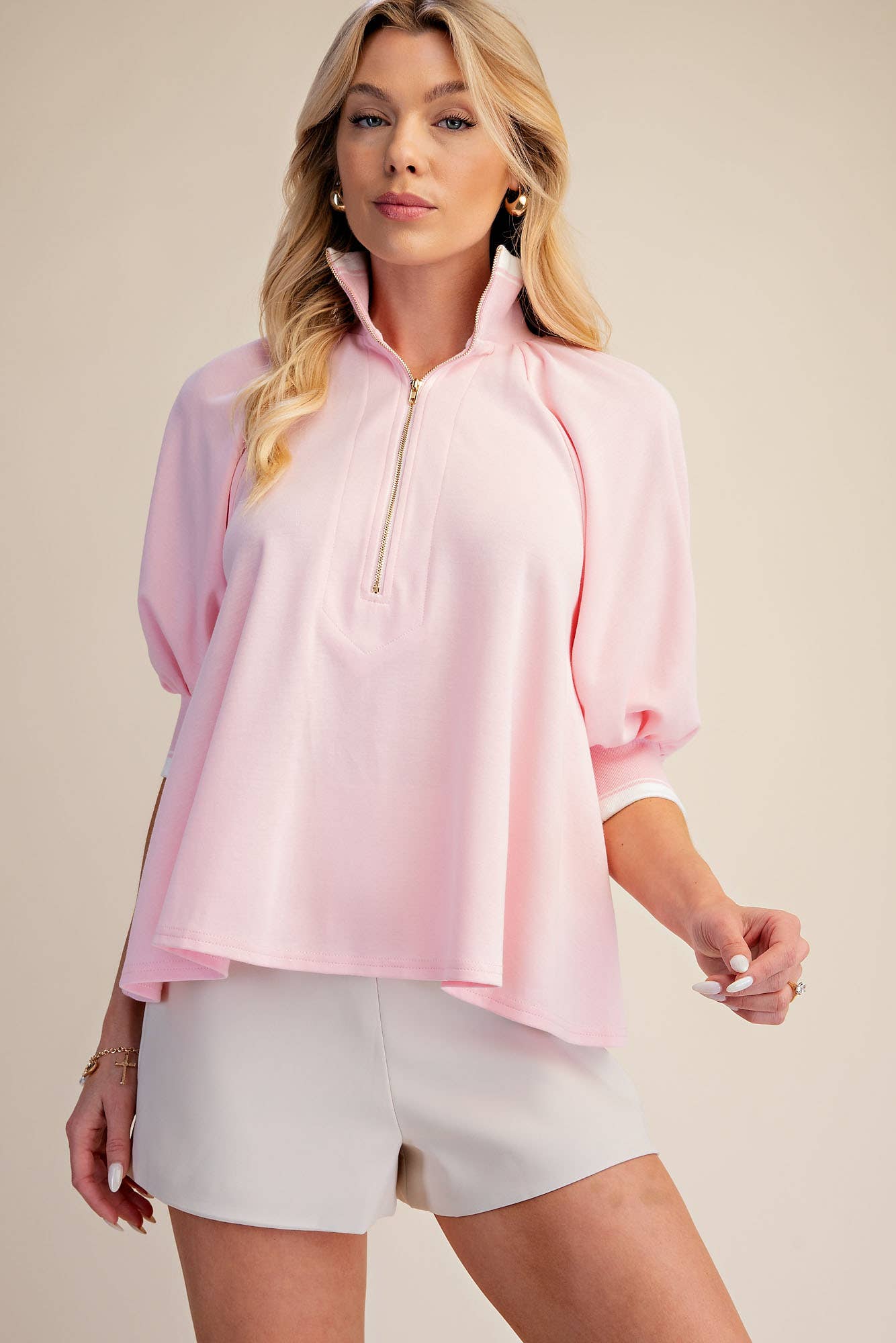 Mock Neck Half Zip Band Puff Sleeve Sweatshirt