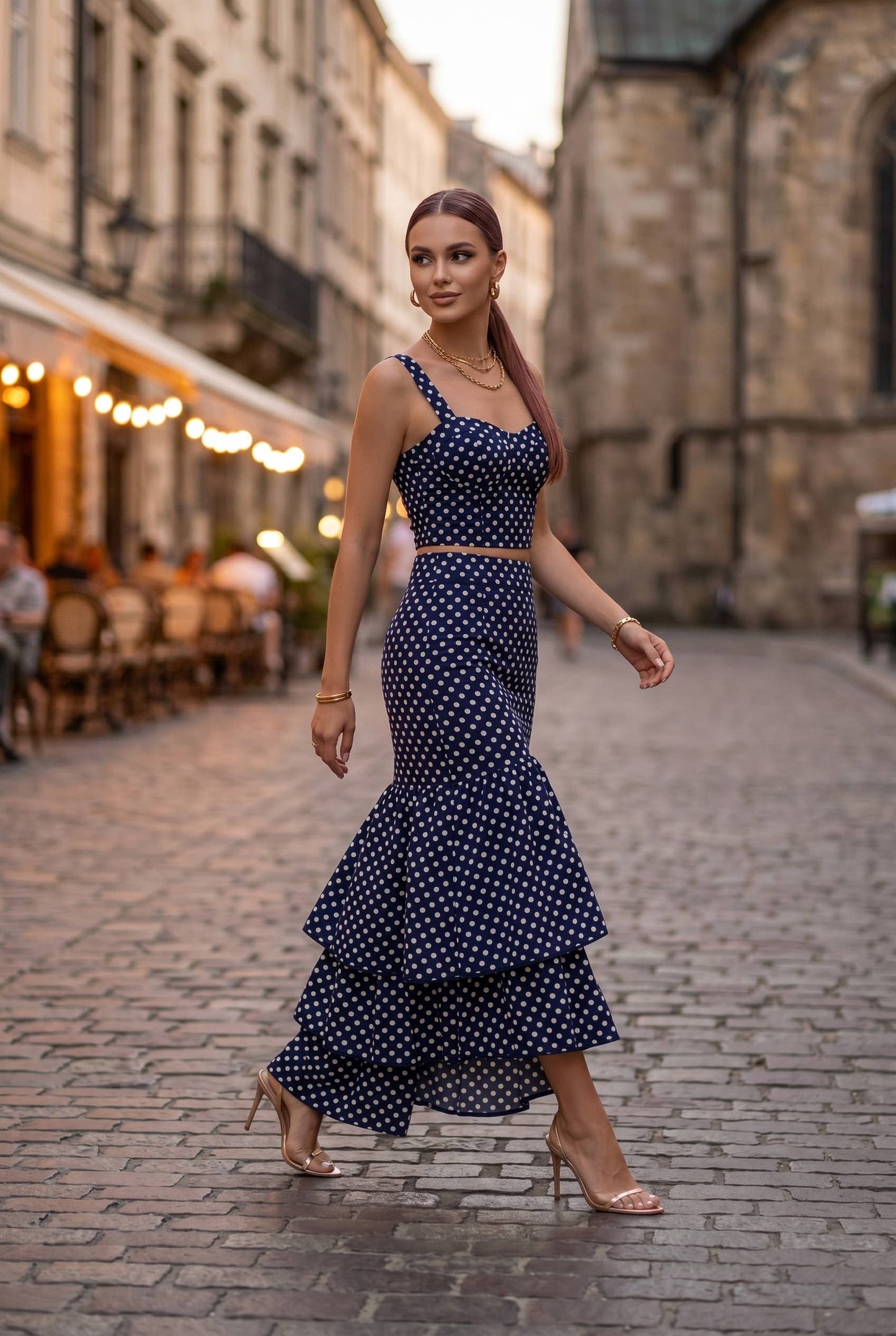 Dot Printed Crop Top & Tiered Maxi Skirt Set