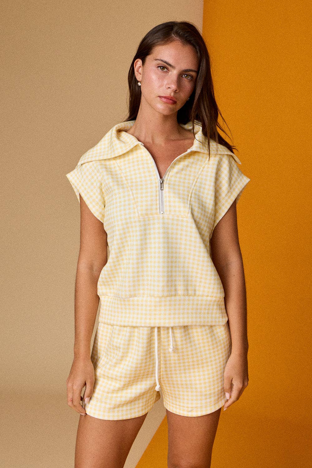 PX17846-3 - Gingham Zip Up Top Short Set