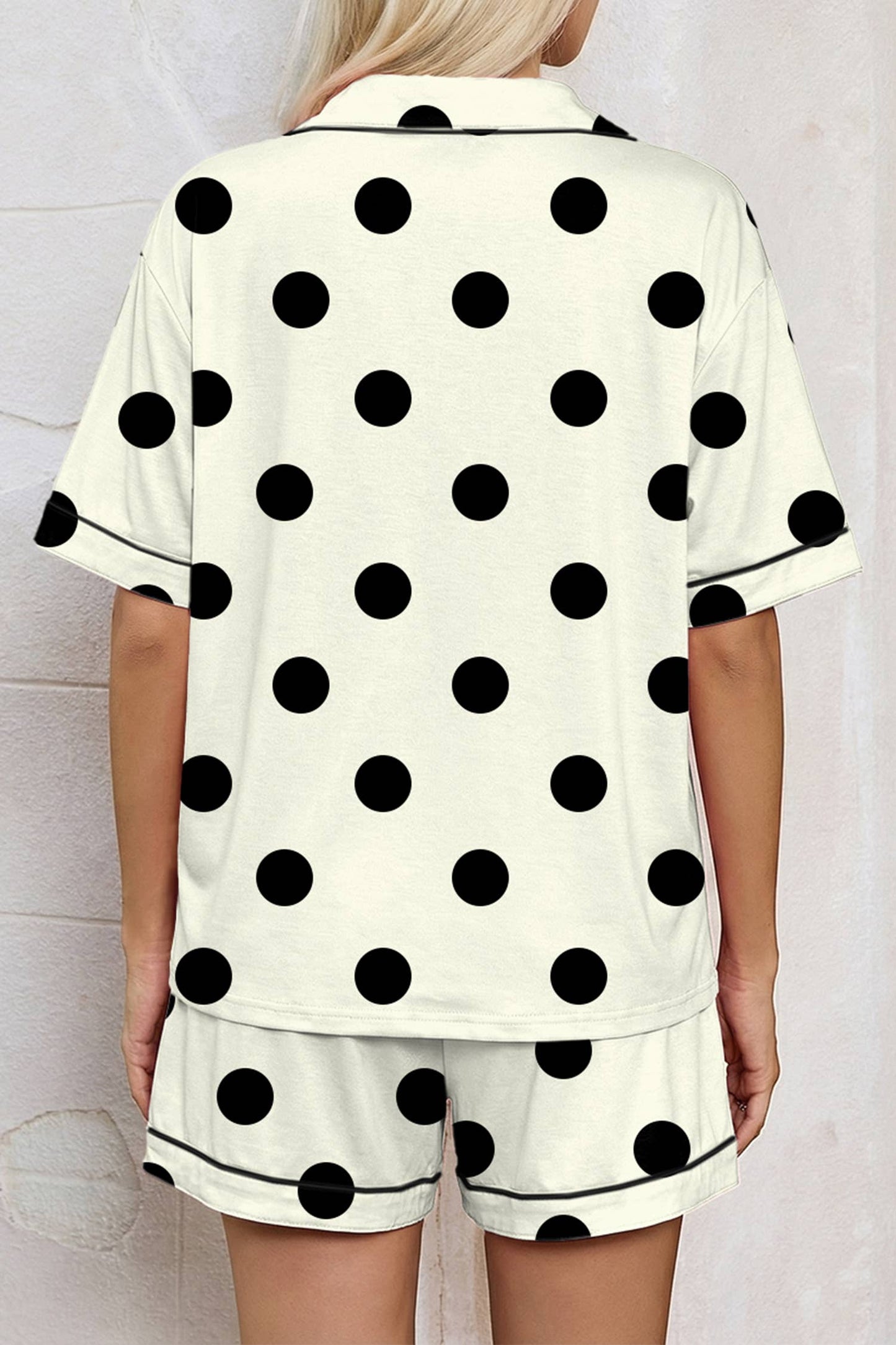 LDC Polka Dot Lapel Shirt Drawstring Pajama Set