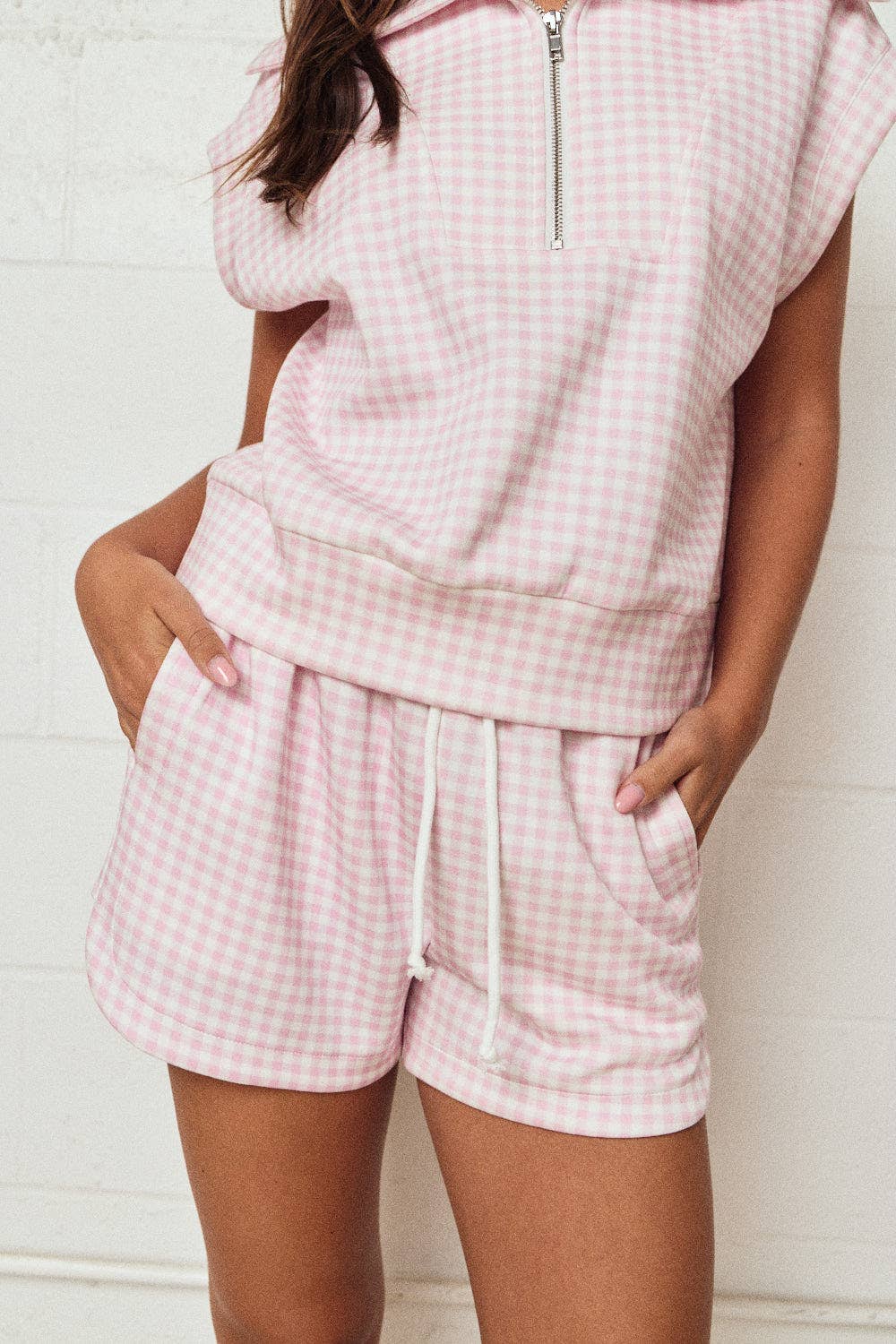 PX17846-3 - Gingham Zip Up Top Short Set