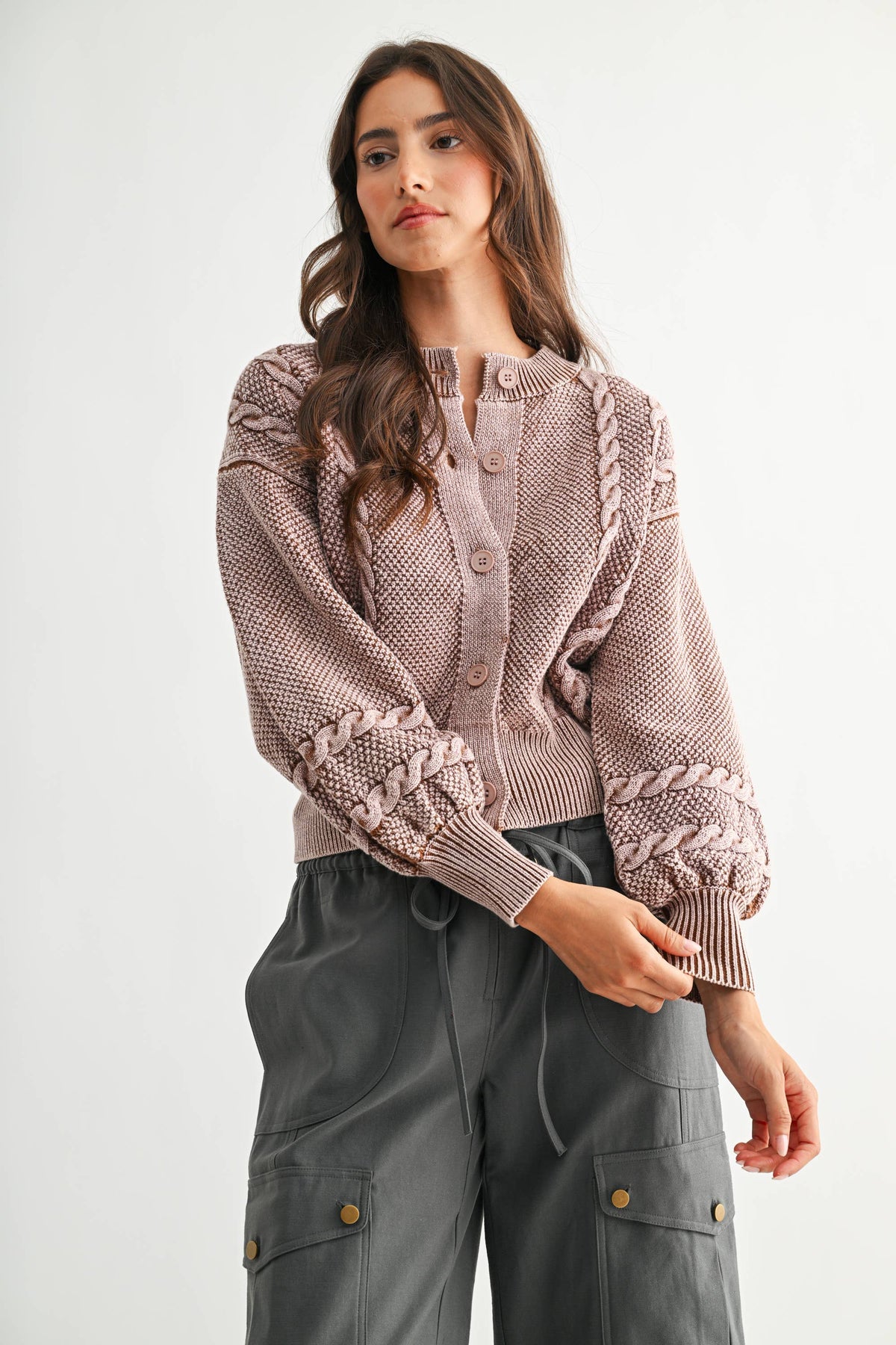 CW10019E WASHED BLENDED BROWN CABLE KNIT CARDIGAN