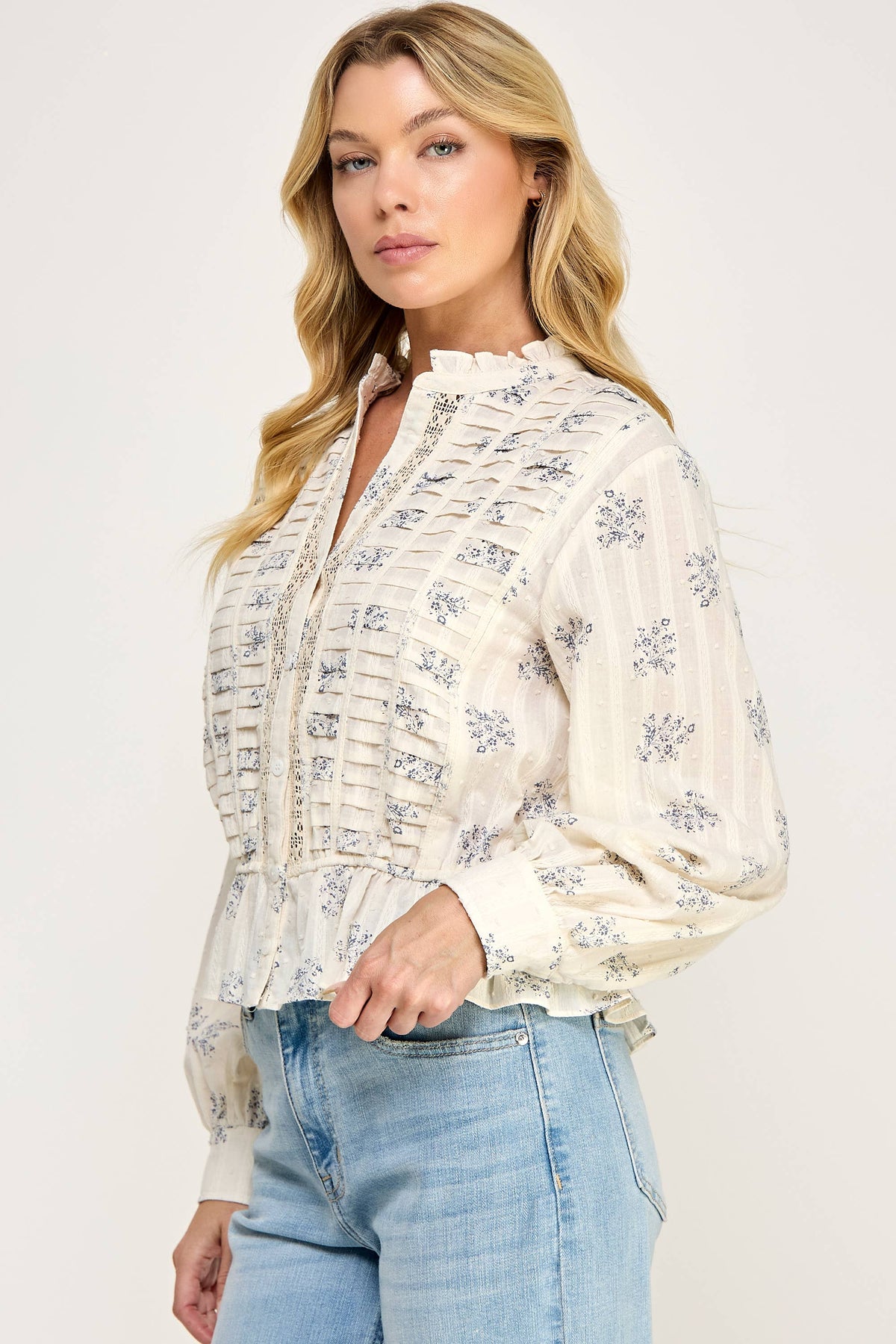 TT-10939-6 DITSY FLORAL LONG SLEEVE BLOUSE-IVORY BLUE