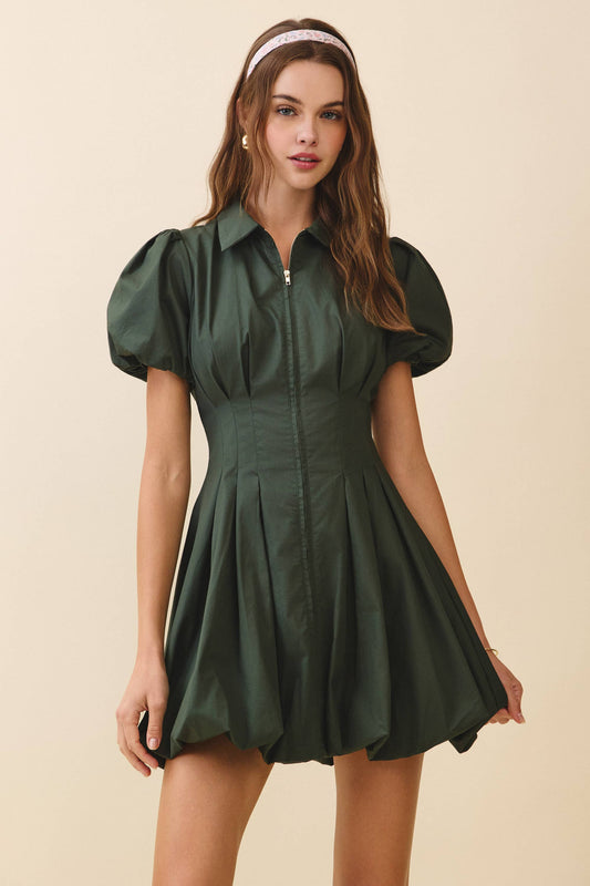 CD05305-Fit and Flare Zipper Front Bubble Sleeves Dress