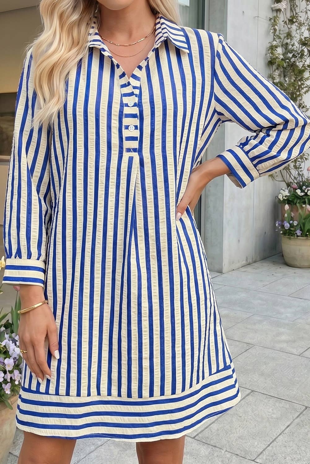 Stripe Collared Half Button Side Pockets Mini Dress (S-XL)