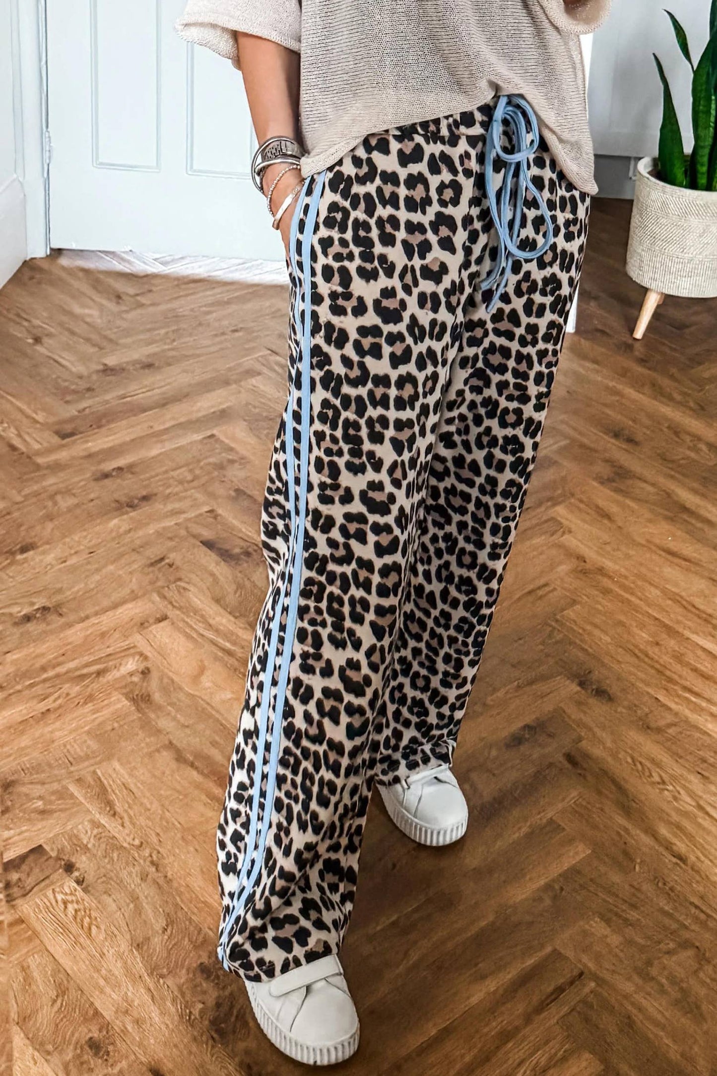 LDC Contrast Detail Tie Waist Leopard Print Casual Pants