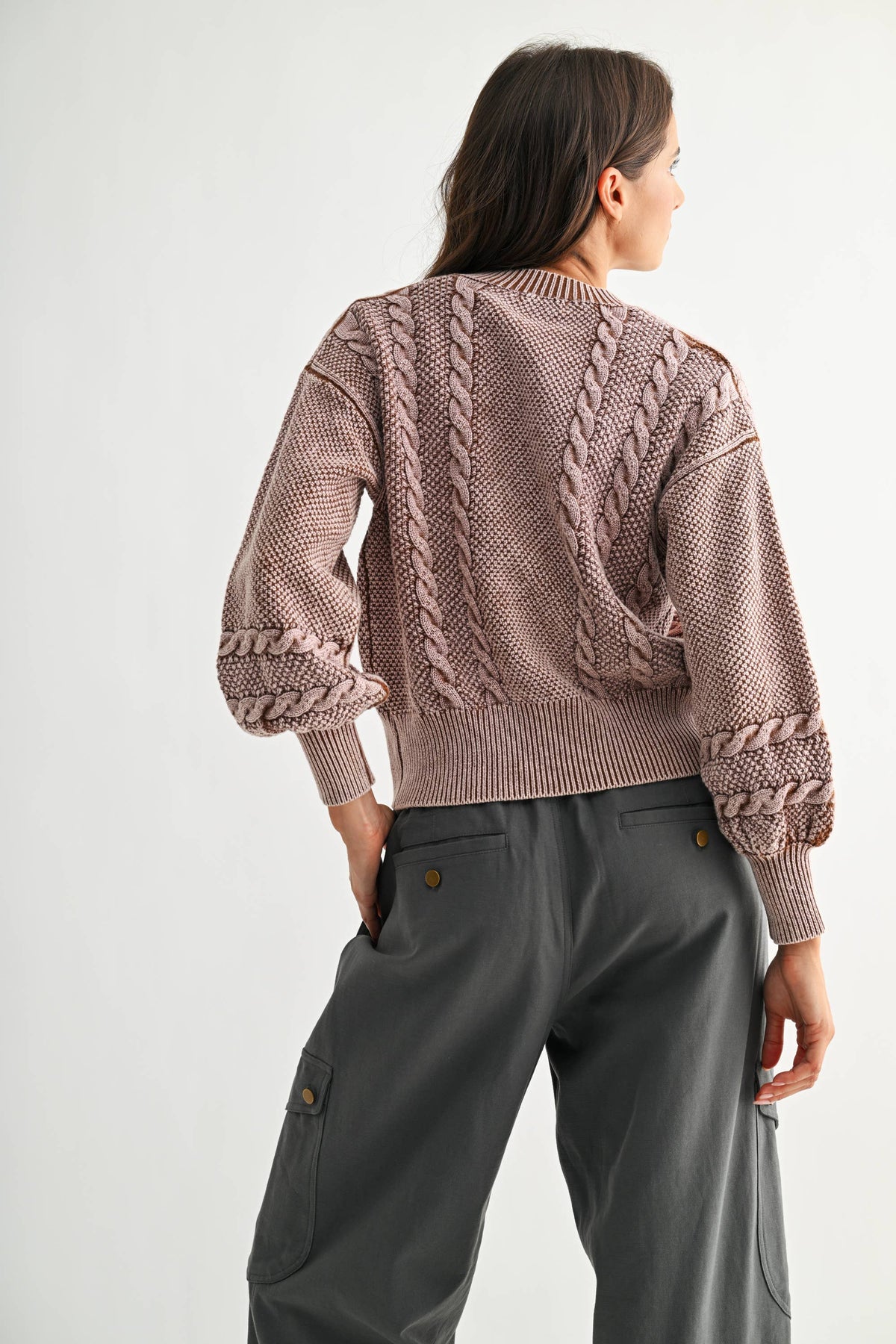 CW10019E WASHED BLENDED BROWN CABLE KNIT CARDIGAN