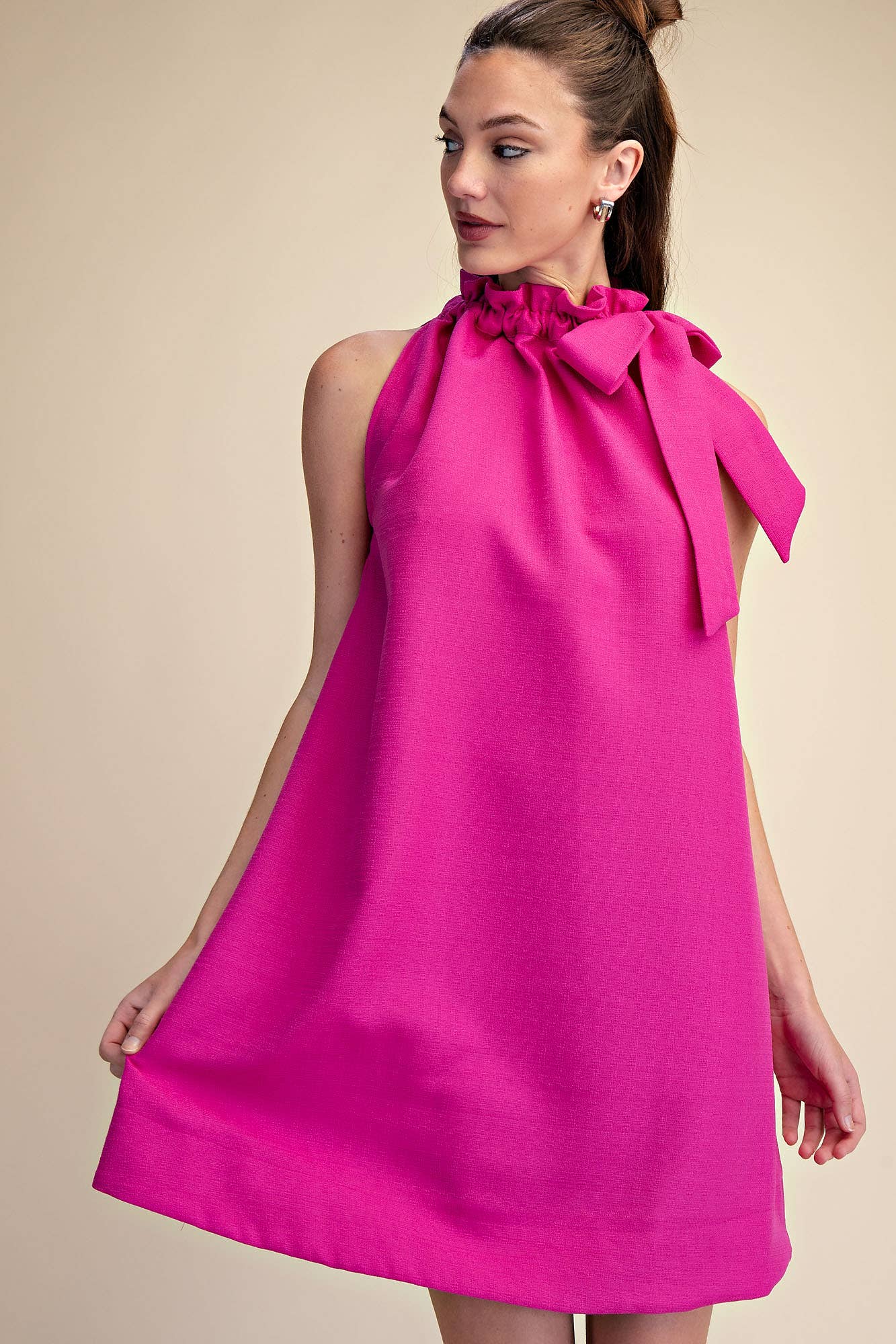 Tie Round Ruffle Neck Sleeveless Mini Dress