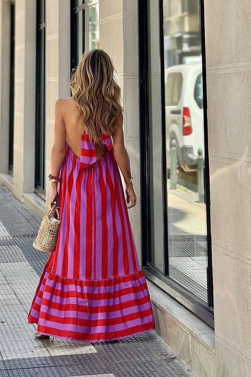 CWDHL0988_HALTER NECK OPEN BACK STRIPED PRINT MAXI DRESS