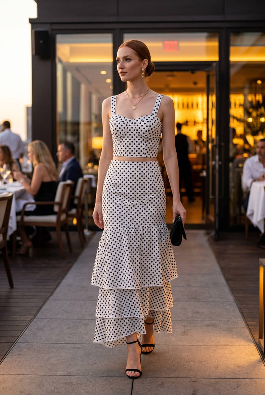 Dot Printed Crop Top & Tiered Maxi Skirt Set