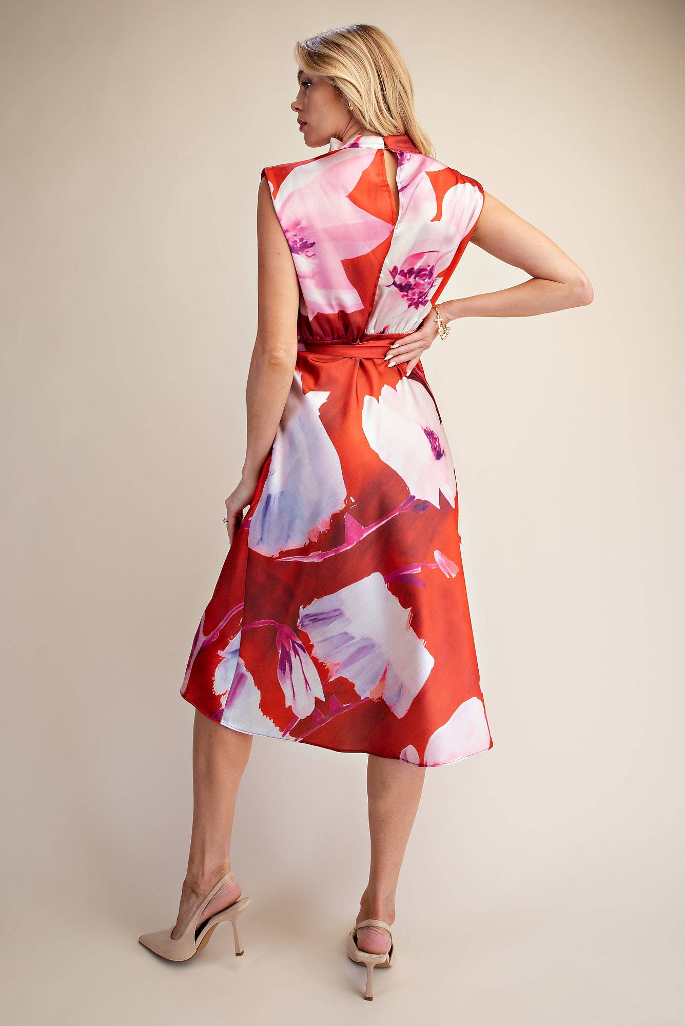 Floral Dress Cowl Neck Sleeveless Waist Tie Midi Satin