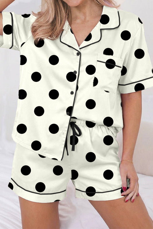 LDC Polka Dot Lapel Shirt Drawstring Pajama Set