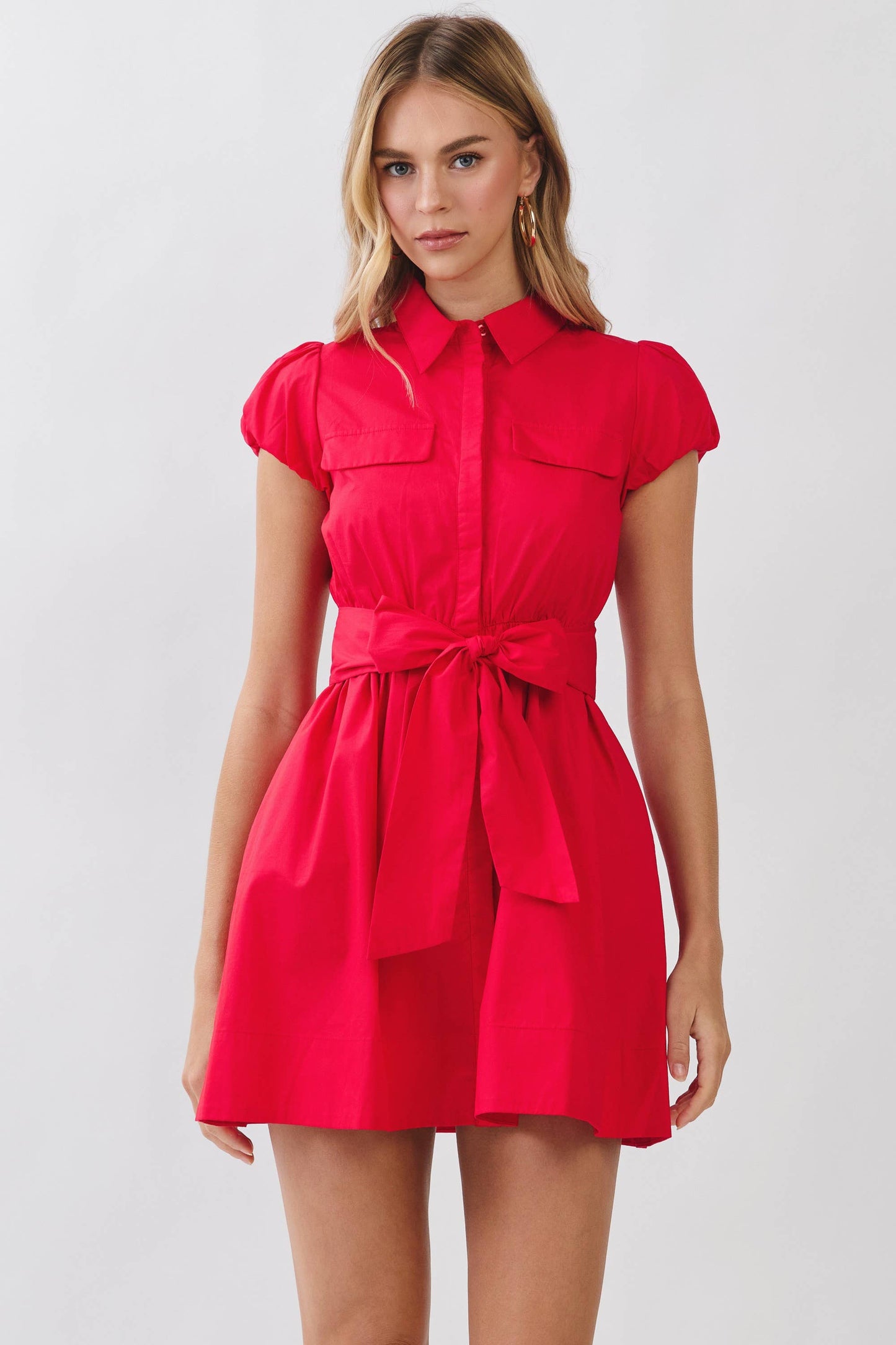 Puff Sleeve Shirt Mini Dress with Attached Tie Belt