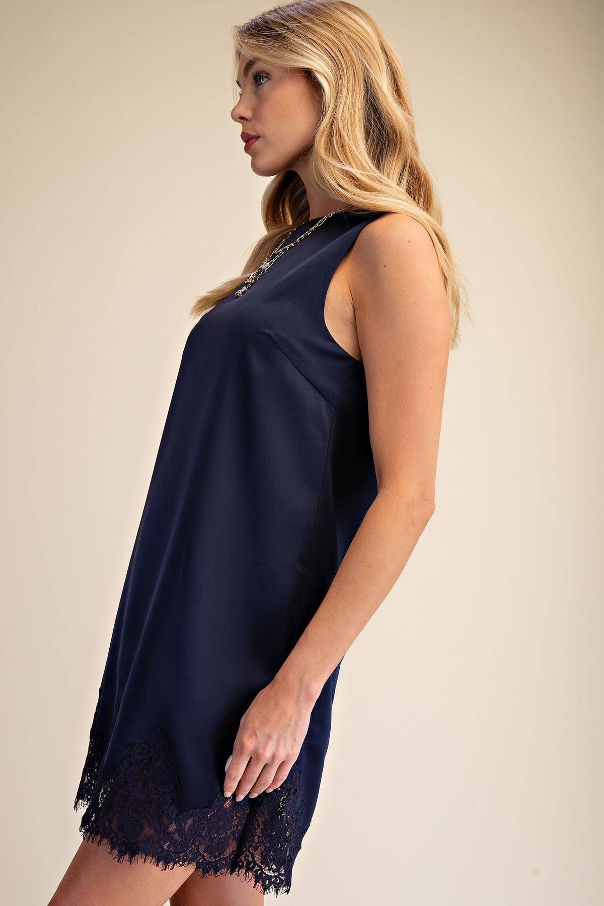 Round Neck Sleeveless Lace Detail Satin Shift Dress