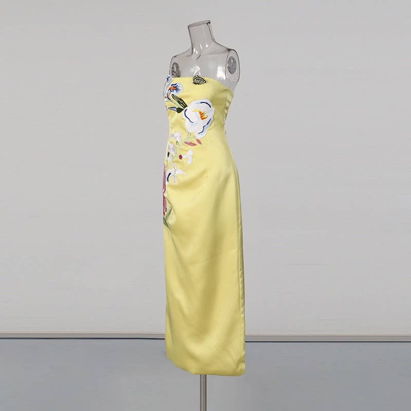 Vintage 3D Floral Embroidery Strapless Midi Dress