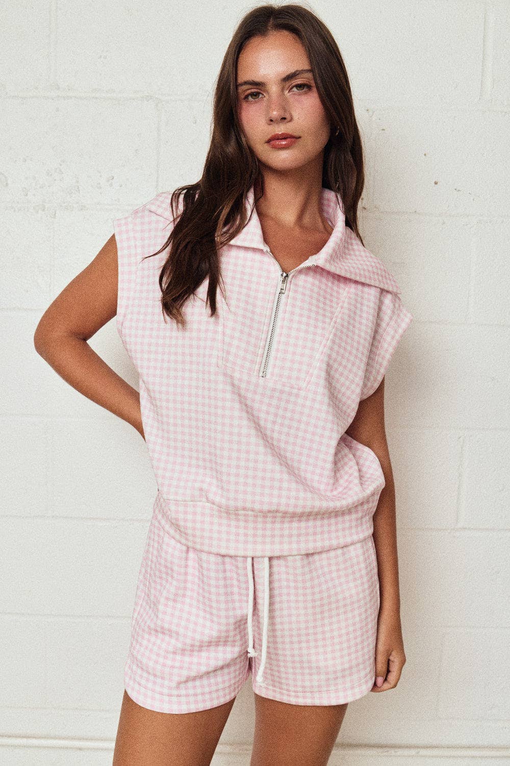 PX17846-3 - Gingham Zip Up Top Short Set