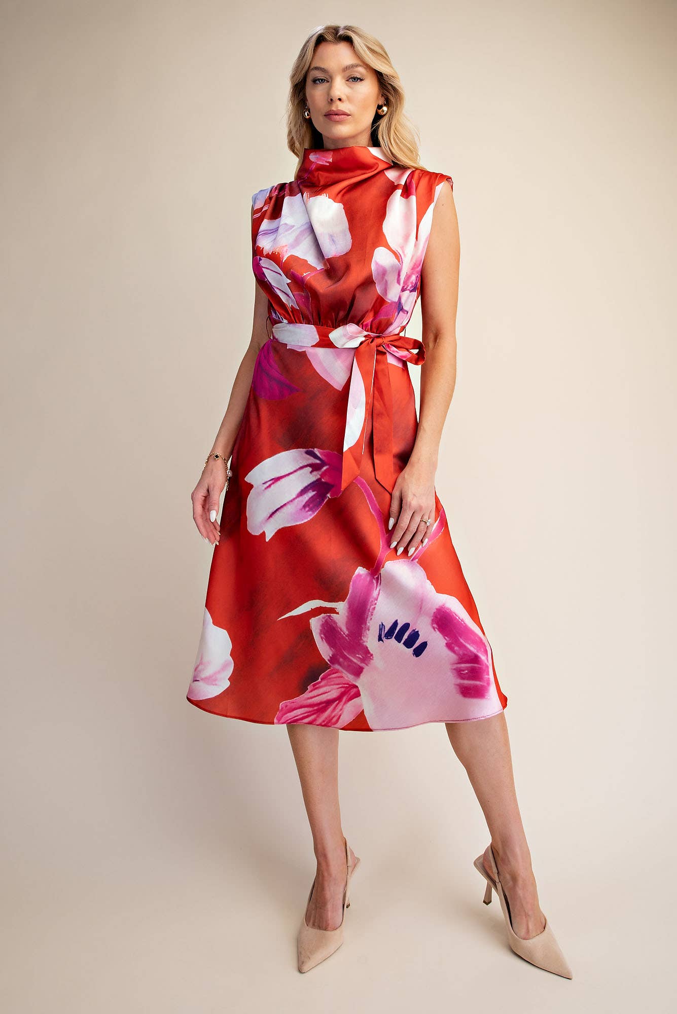Floral Dress Cowl Neck Sleeveless Waist Tie Midi Satin