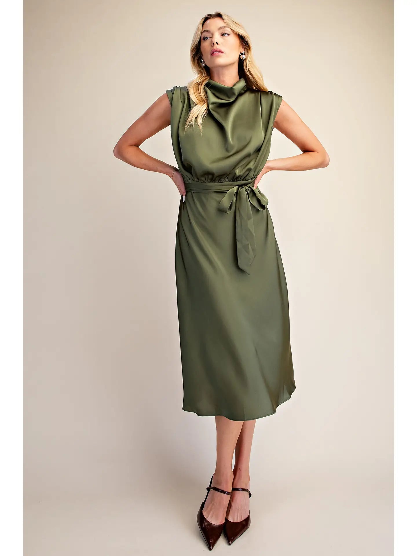 Olive Waist tie Sleeveless Midi Dress